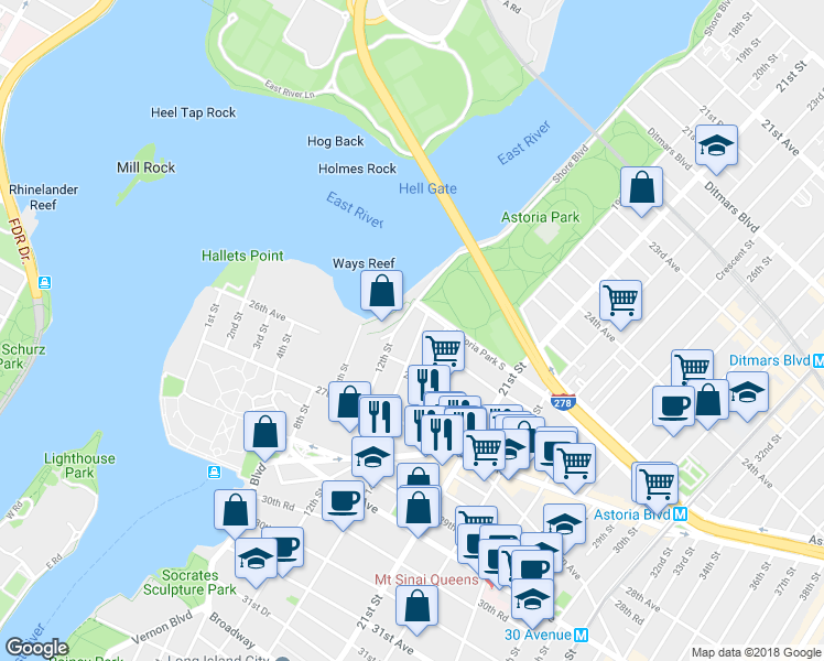 map of restaurants, bars, coffee shops, grocery stores, and more near 25-15 14th Street in Queens