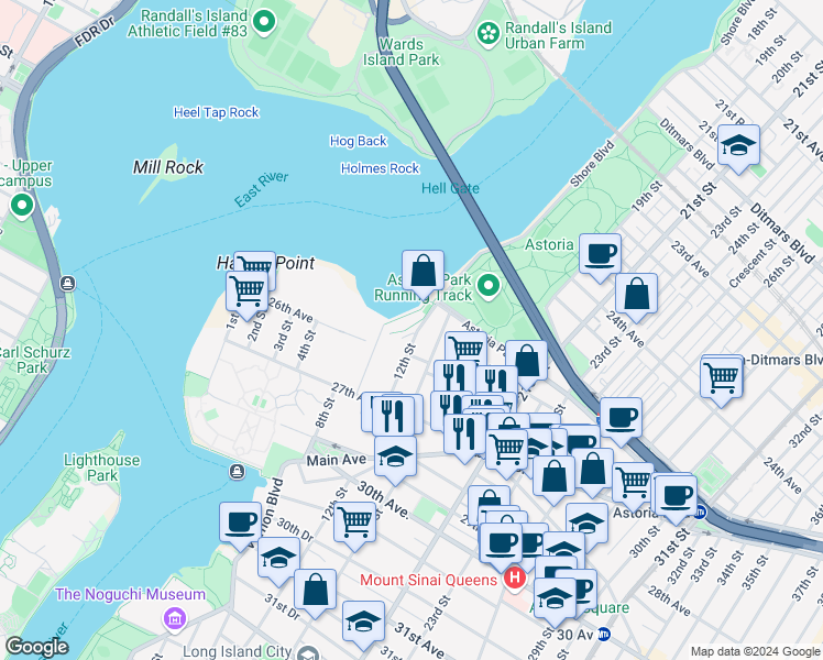 map of restaurants, bars, coffee shops, grocery stores, and more near 25-40 Shore Boulevard in Queens