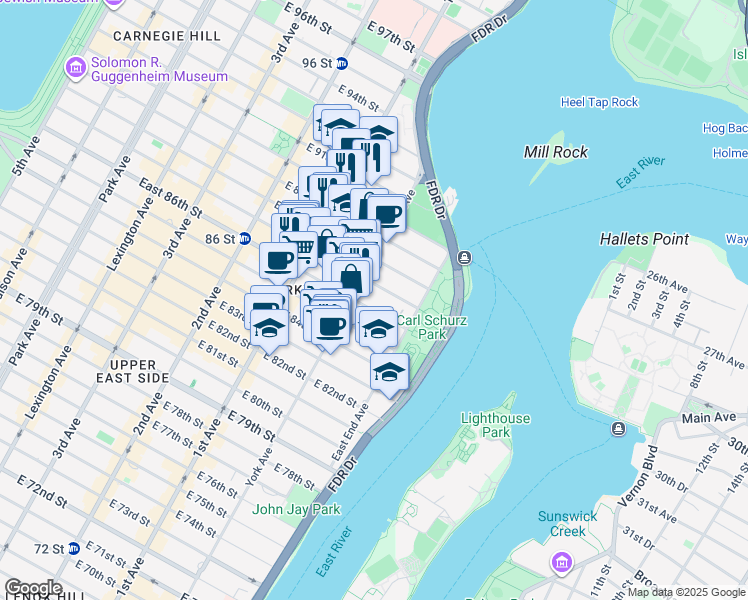 map of restaurants, bars, coffee shops, grocery stores, and more near 528 East 87th Street in New York