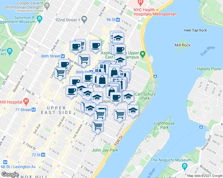 map of restaurants, bars, coffee shops, grocery stores, and more near in New York