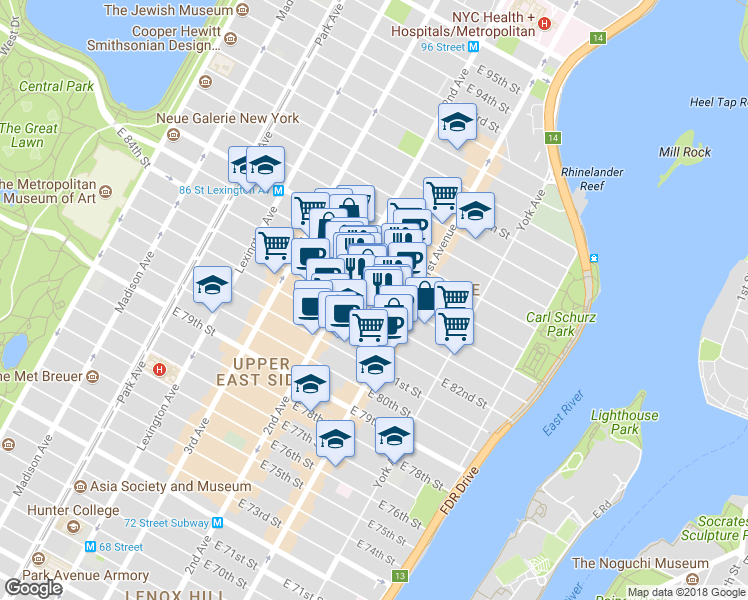 map of restaurants, bars, coffee shops, grocery stores, and more near in New York