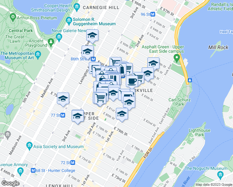 map of restaurants, bars, coffee shops, grocery stores, and more near 252 East 84th Street in New York