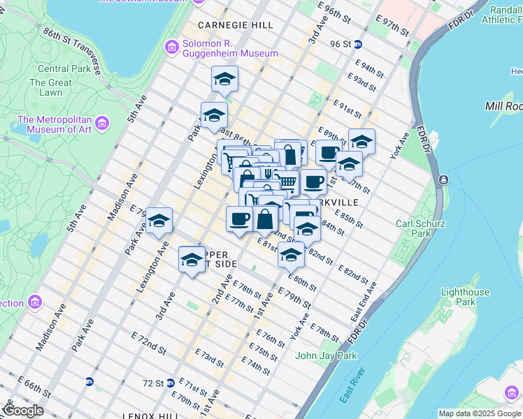 map of restaurants, bars, coffee shops, grocery stores, and more near 300-398 East 86th Street in New York