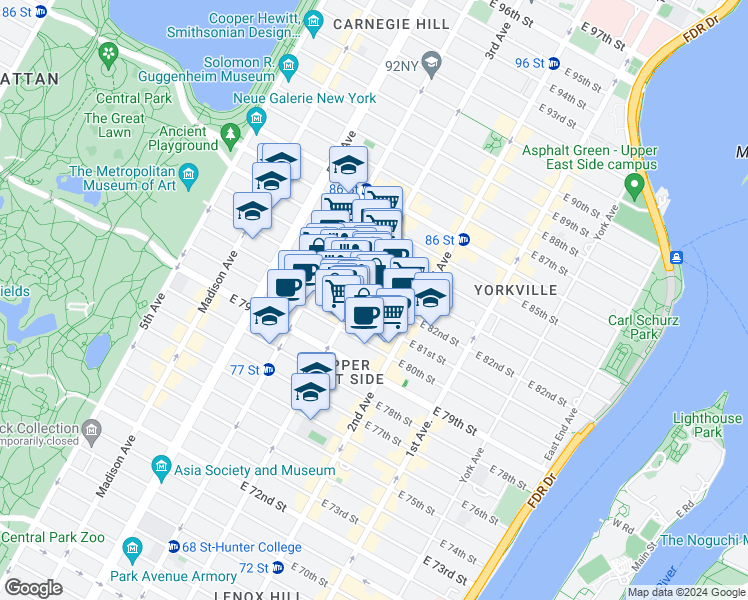 map of restaurants, bars, coffee shops, grocery stores, and more near 1445 3rd Avenue in New York