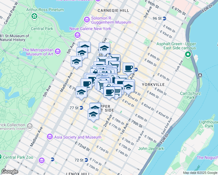 map of restaurants, bars, coffee shops, grocery stores, and more near 1445 3rd Avenue in New York