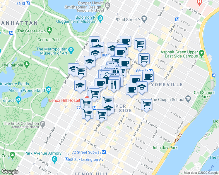 map of restaurants, bars, coffee shops, grocery stores, and more near in New York