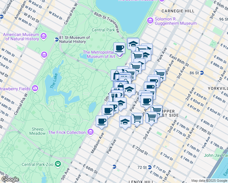 map of restaurants, bars, coffee shops, grocery stores, and more near 5A East 78th Street in New York
