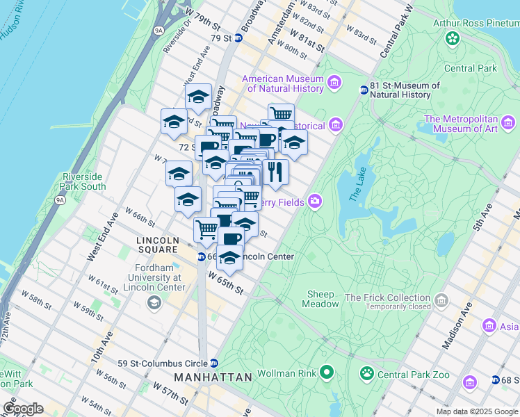 map of restaurants, bars, coffee shops, grocery stores, and more near 46 West 71st Street in New York