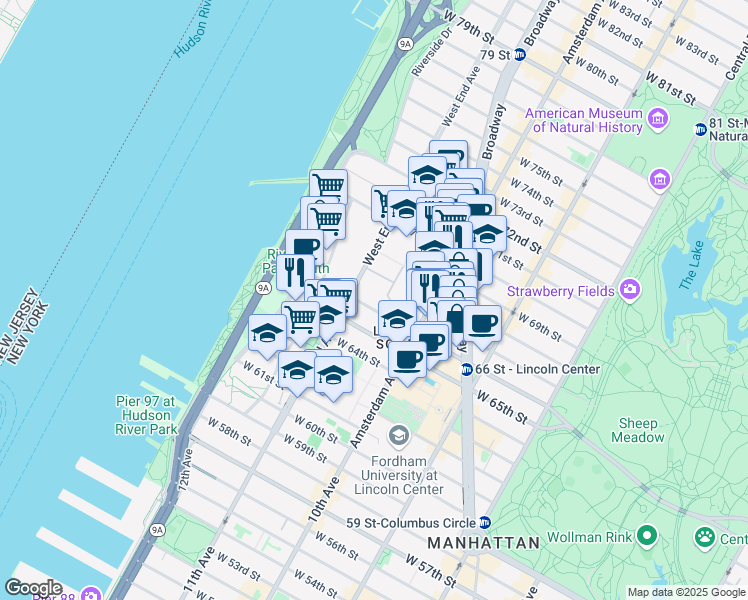map of restaurants, bars, coffee shops, grocery stores, and more near in New York