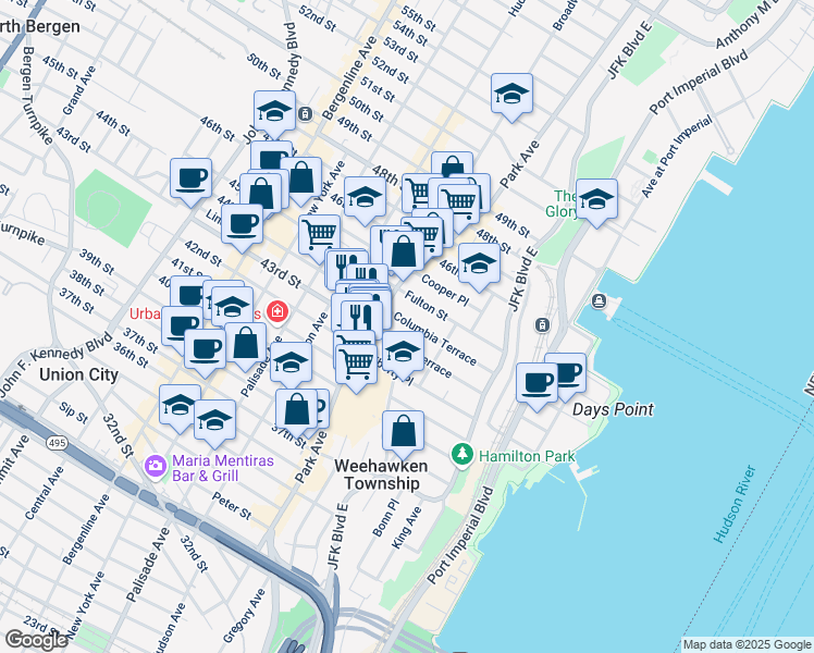 map of restaurants, bars, coffee shops, grocery stores, and more near 4300 Park Avenue in Weehawken