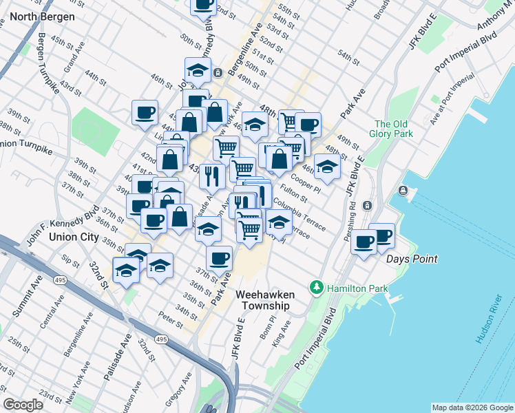 map of restaurants, bars, coffee shops, grocery stores, and more near 115 43rd Street in Union City