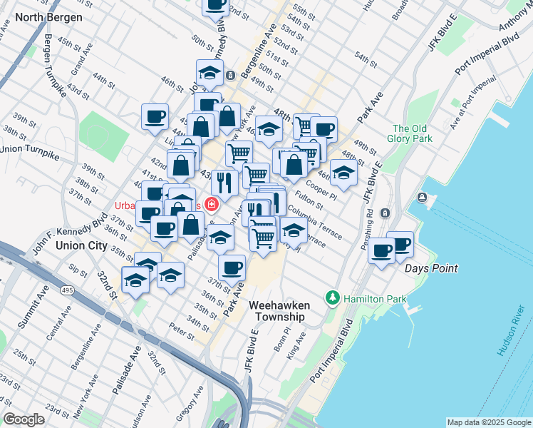 map of restaurants, bars, coffee shops, grocery stores, and more near 115 43rd Street in Union City
