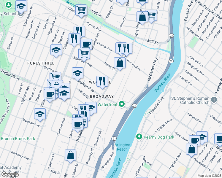 map of restaurants, bars, coffee shops, grocery stores, and more near 762-764 Broadway in Newark