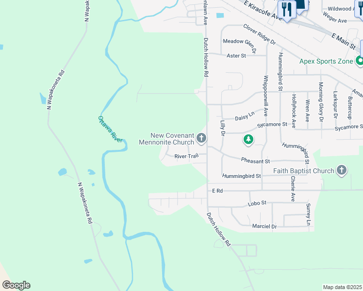 map of restaurants, bars, coffee shops, grocery stores, and more near 5414 River Ridge Street in Elida