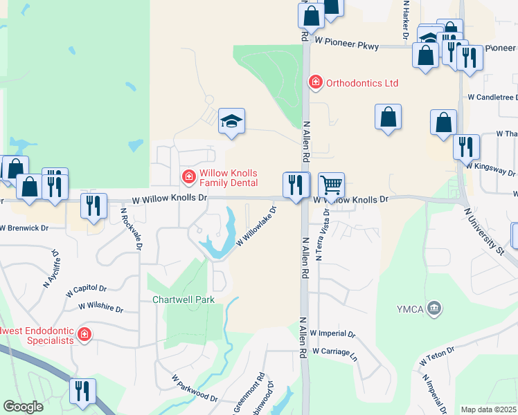 map of restaurants, bars, coffee shops, grocery stores, and more near 2601 West Willowlake Drive in Peoria