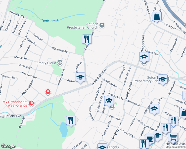 map of restaurants, bars, coffee shops, grocery stores, and more near 3 Crestview Drive in West Orange