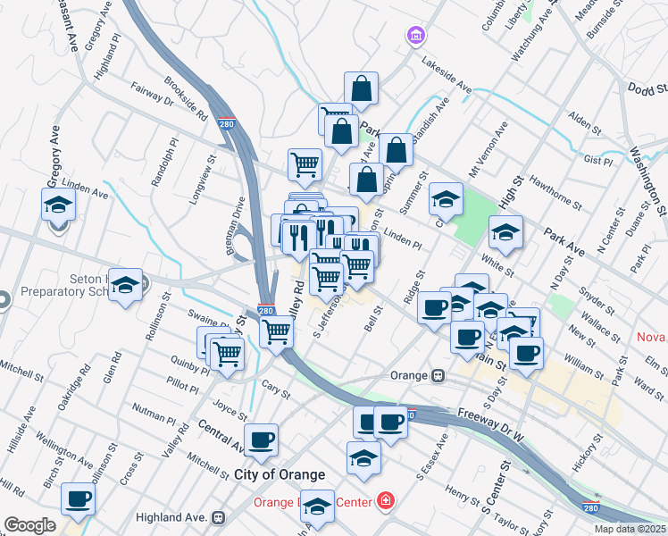 map of restaurants, bars, coffee shops, grocery stores, and more near 558a Main Street in City of Orange