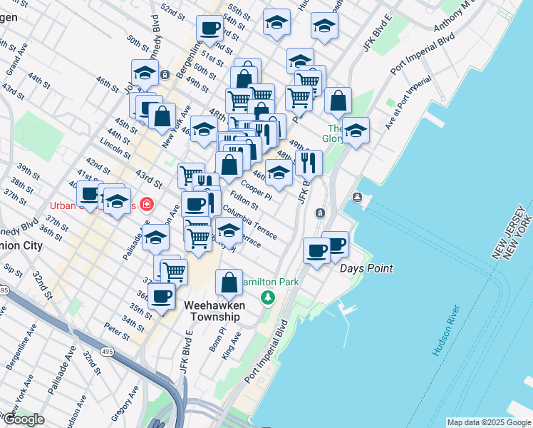 map of restaurants, bars, coffee shops, grocery stores, and more near 28 Fulton Street in Weehawken