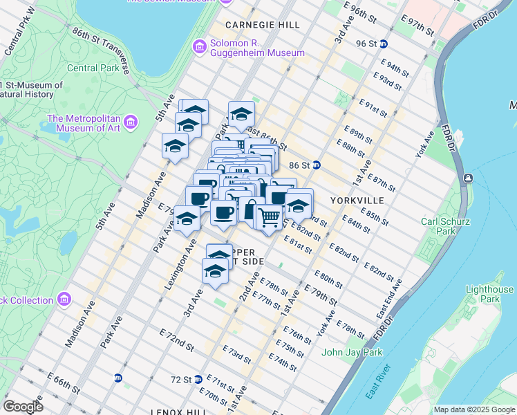 map of restaurants, bars, coffee shops, grocery stores, and more near 1445 3rd Avenue in New York