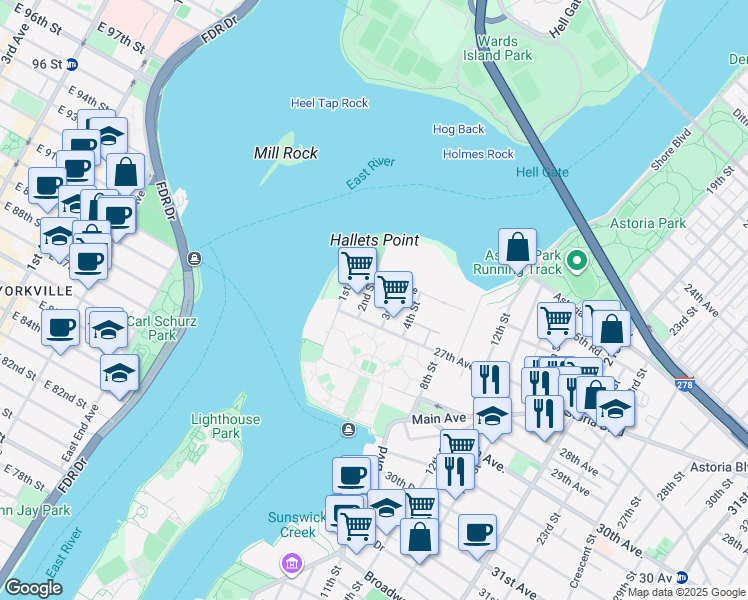 map of restaurants, bars, coffee shops, grocery stores, and more near 26-25 2nd Street in Queens