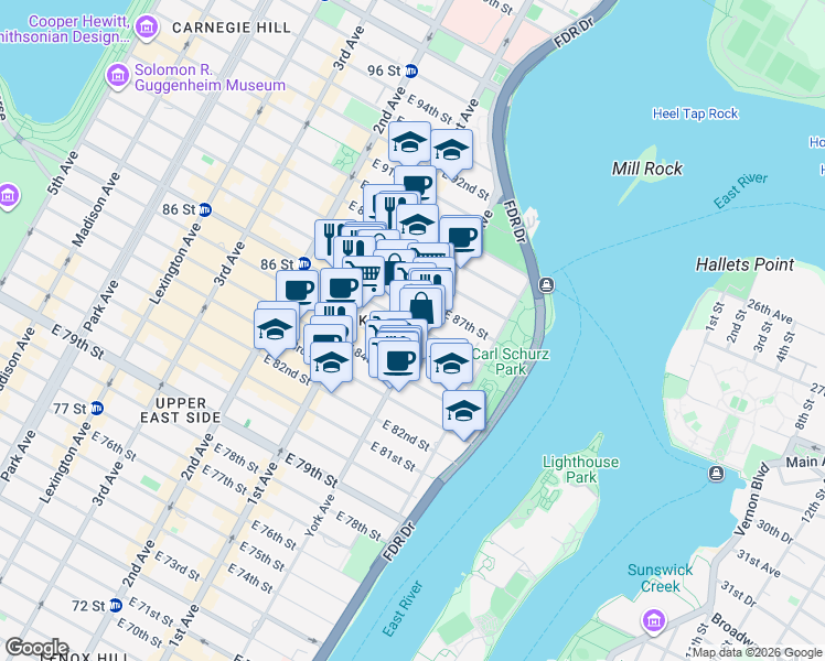 map of restaurants, bars, coffee shops, grocery stores, and more near in New York
