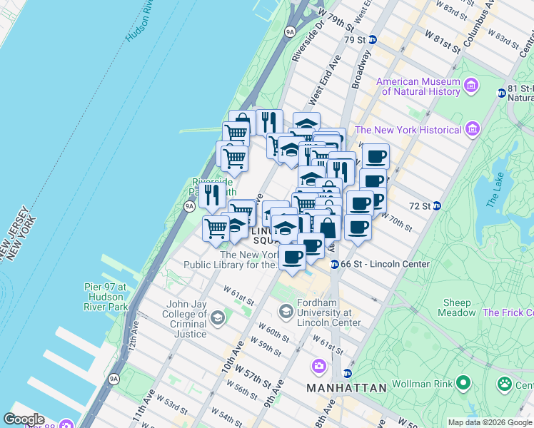 map of restaurants, bars, coffee shops, grocery stores, and more near 142 West End Avenue in New York