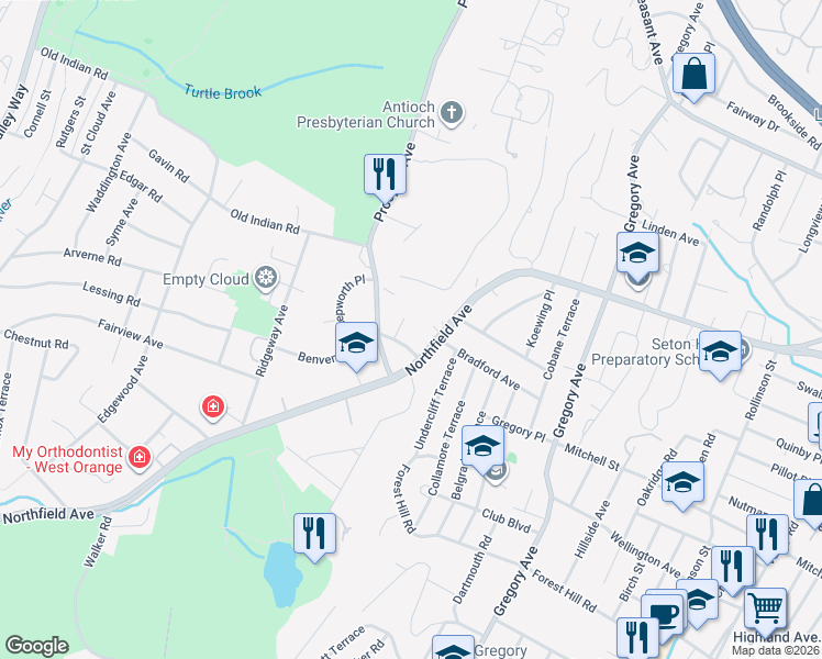 map of restaurants, bars, coffee shops, grocery stores, and more near 3 Crestview Drive in West Orange