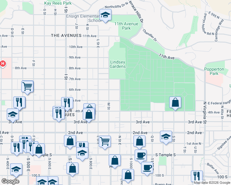 map of restaurants, bars, coffee shops, grocery stores, and more near 830 6th Avenue in Salt Lake City
