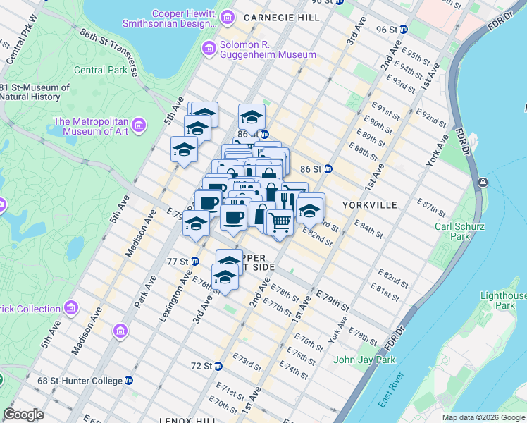 map of restaurants, bars, coffee shops, grocery stores, and more near 200 East 82nd Street in New York