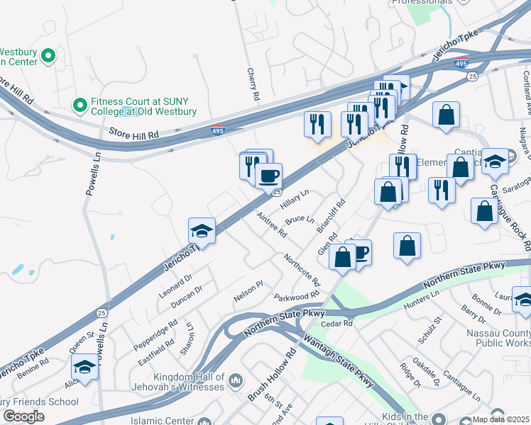 map of restaurants, bars, coffee shops, grocery stores, and more near 107 Hillary Lane in Westbury