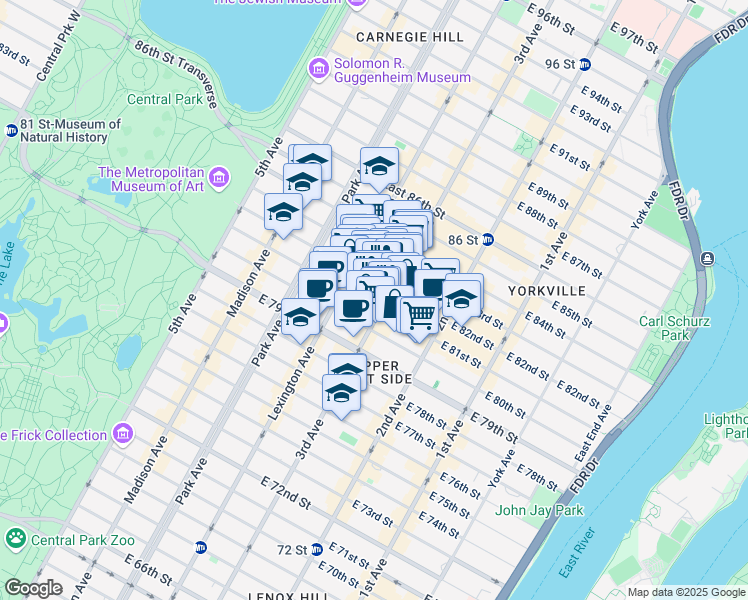 map of restaurants, bars, coffee shops, grocery stores, and more near 175 East 81st Street in New York
