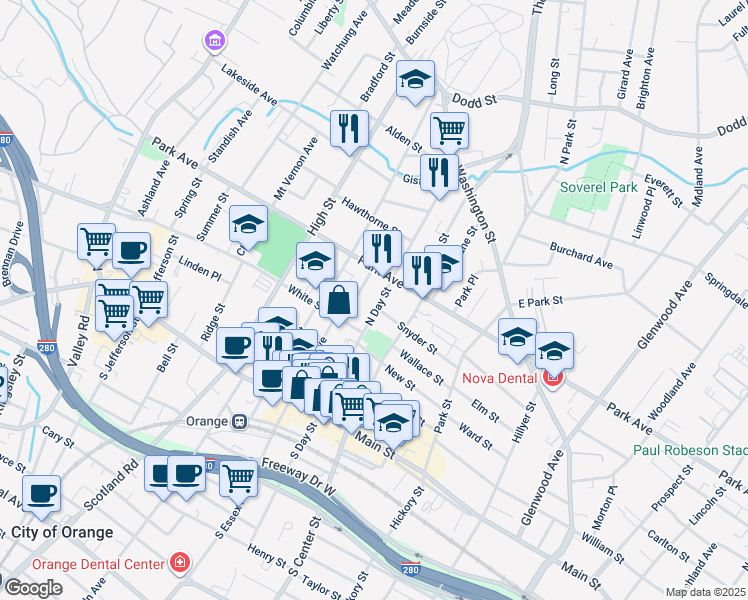 map of restaurants, bars, coffee shops, grocery stores, and more near 141 North Day Street in City of Orange