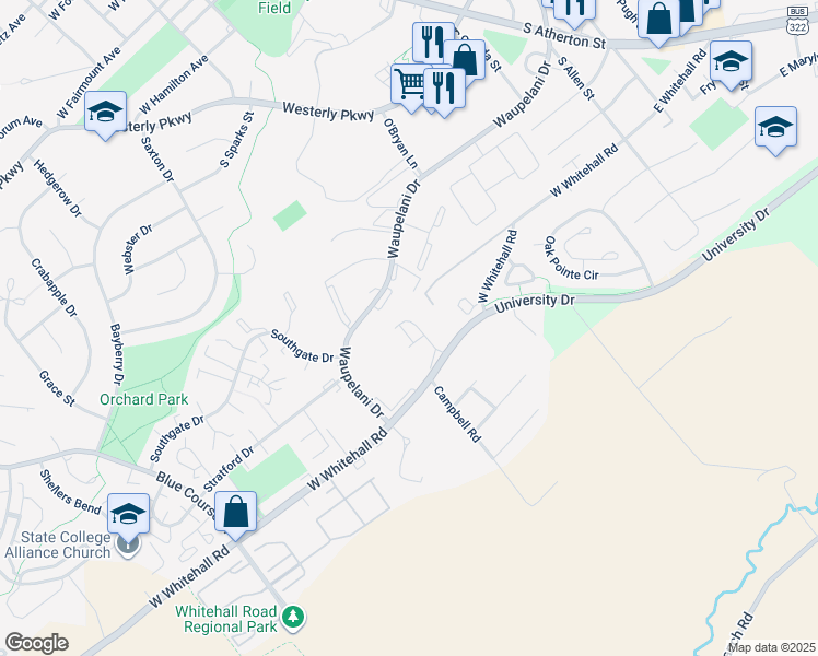 map of restaurants, bars, coffee shops, grocery stores, and more near 265 Wiltree Court in State College