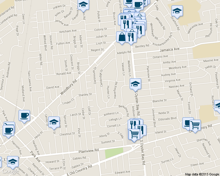 map of restaurants, bars, coffee shops, grocery stores, and more near 54 Hunter Lane in Hicksville