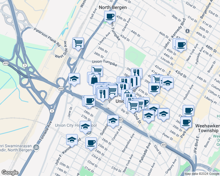 map of restaurants, bars, coffee shops, grocery stores, and more near 3161 John F. Kennedy Boulevard in North Bergen
