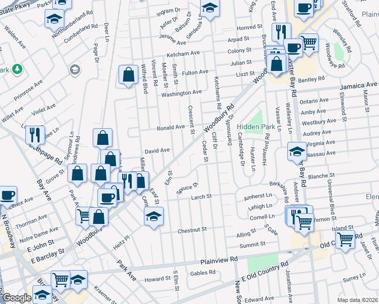 map of restaurants, bars, coffee shops, grocery stores, and more near 2 Smith Street in Hicksville