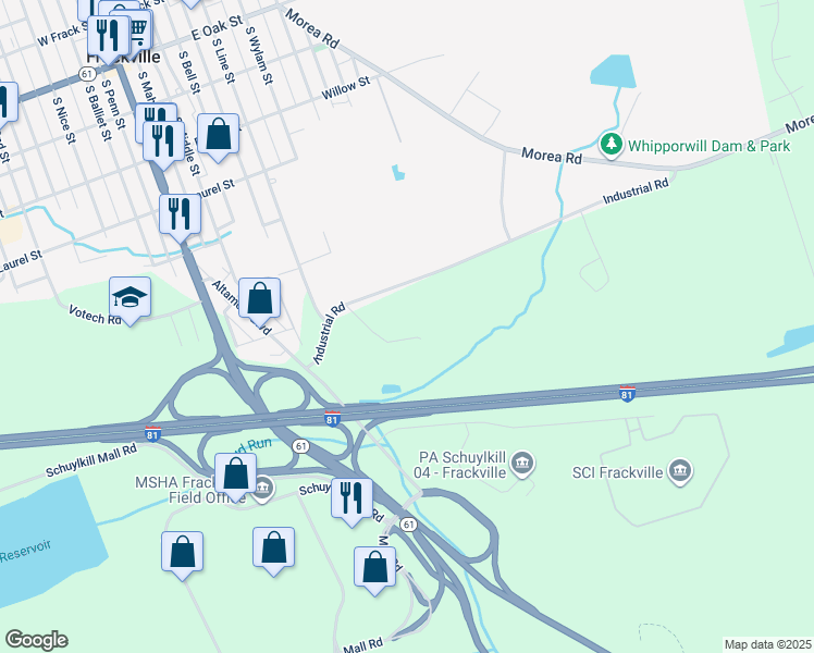 map of restaurants, bars, coffee shops, grocery stores, and more near 32 Industrial Road in Frackville