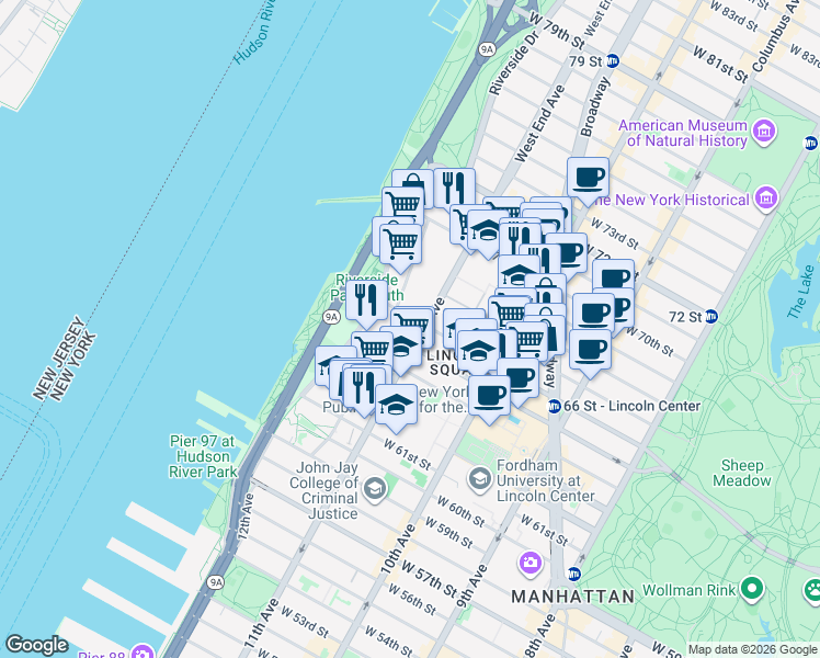 map of restaurants, bars, coffee shops, grocery stores, and more near 125 West End Avenue in New York