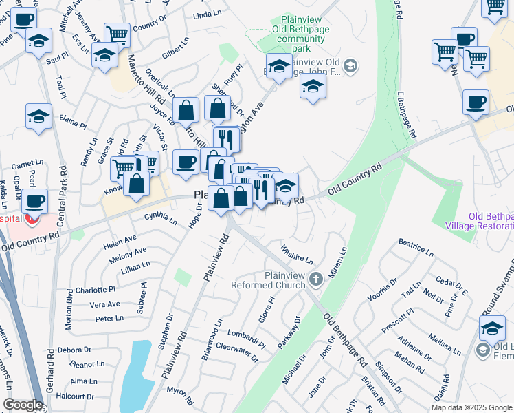 map of restaurants, bars, coffee shops, grocery stores, and more near 1161 Old Country Road in Plainview