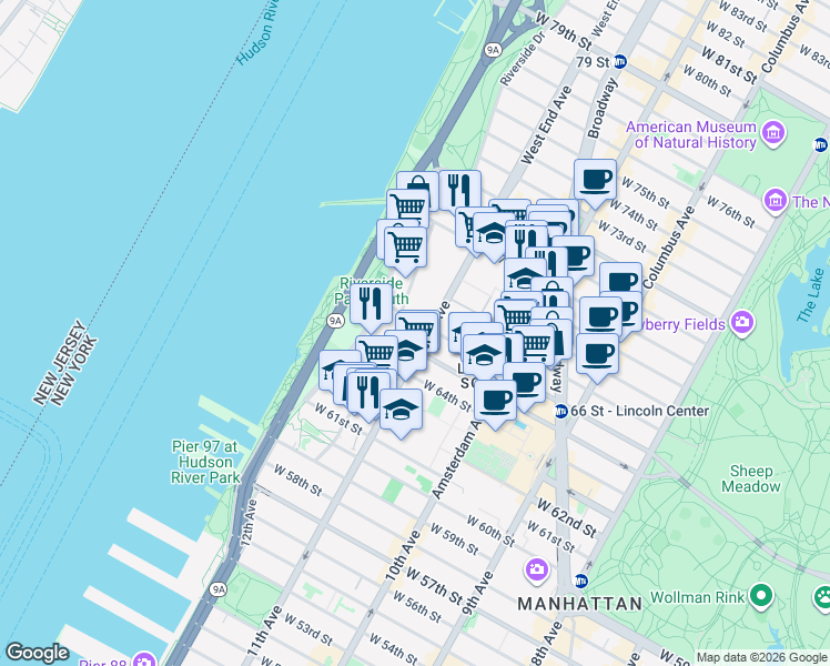 map of restaurants, bars, coffee shops, grocery stores, and more near 125 West End Avenue in New York
