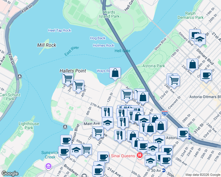 map of restaurants, bars, coffee shops, grocery stores, and more near 25-40 Shore Boulevard in Queens