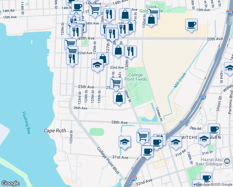 map of restaurants, bars, coffee shops, grocery stores, and more near 25-10 Ulmer Street in Queens