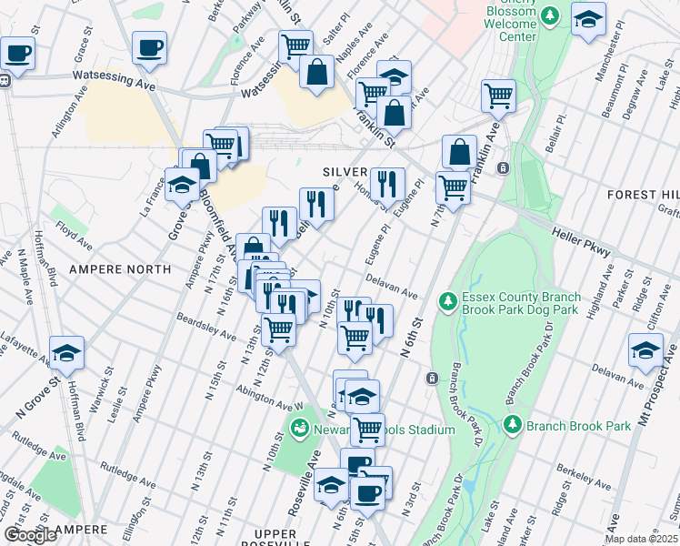 map of restaurants, bars, coffee shops, grocery stores, and more near 512 Delavan Avenue in Newark