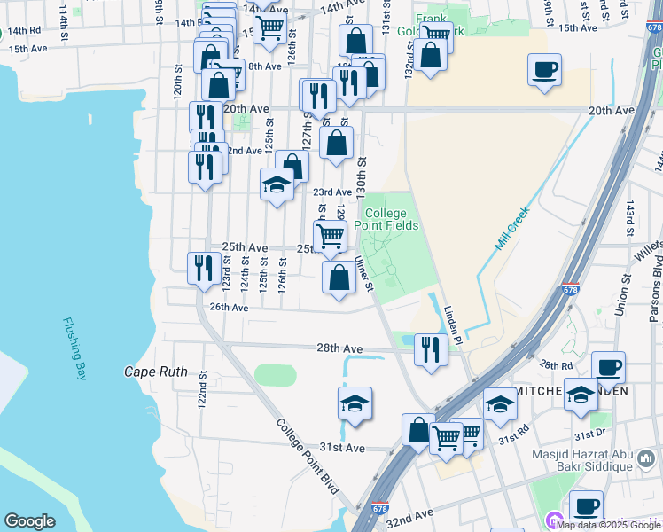 map of restaurants, bars, coffee shops, grocery stores, and more near 25-10 Ulmer Street in Queens