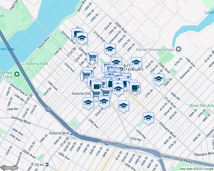 map of restaurants, bars, coffee shops, grocery stores, and more near 22-33 29th Street in Queens