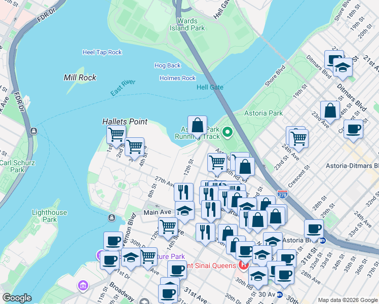 map of restaurants, bars, coffee shops, grocery stores, and more near 25-40 Shore Boulevard in Queens