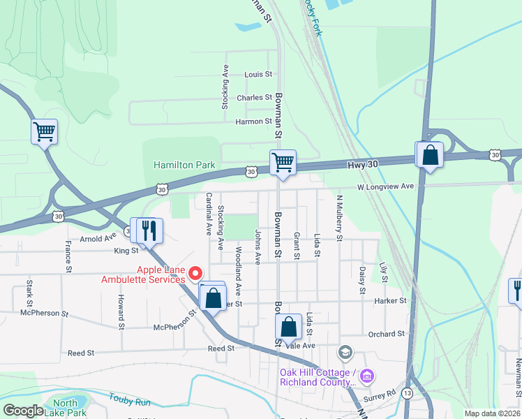 map of restaurants, bars, coffee shops, grocery stores, and more near 624 Johns Avenue in Mansfield