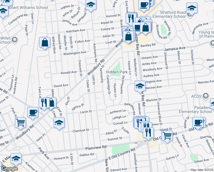 map of restaurants, bars, coffee shops, grocery stores, and more near 65 Cambridge Drive in Hicksville