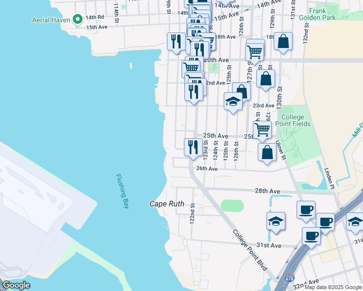 map of restaurants, bars, coffee shops, grocery stores, and more near 120-17 25th Road in Queens