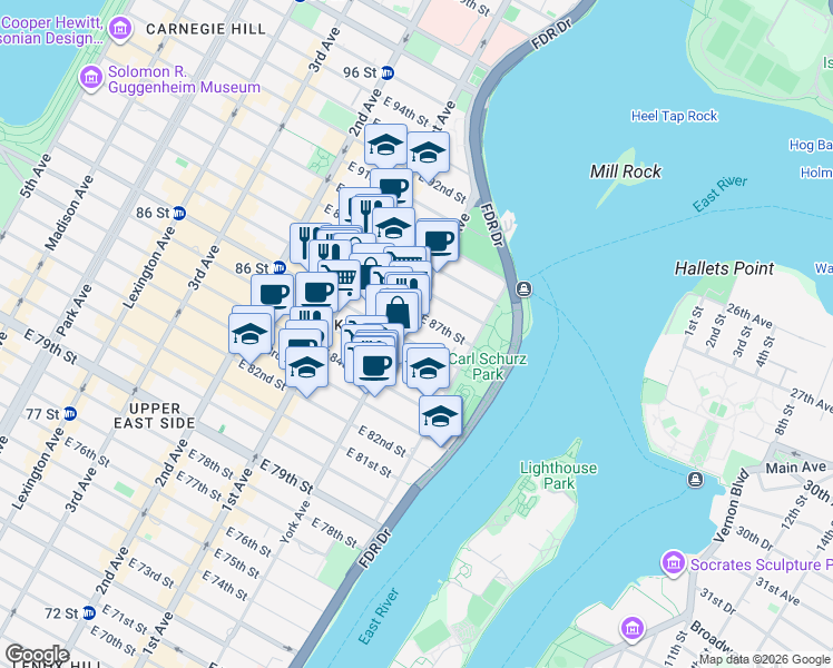 map of restaurants, bars, coffee shops, grocery stores, and more near 513 East 86th Street in New York